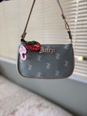 Juicy Couture Dusty Blue Monogram Mini Shoulder Bag with Strawberry Charm